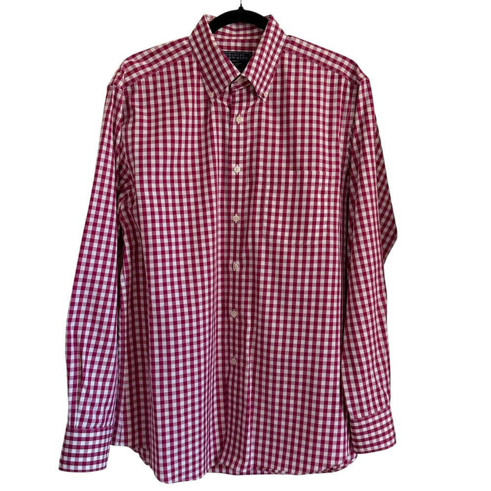 Charles Tyrwhitt Slim Fit Shirt Mens L Burgundy Gingham Cotton Non-Iron Classic